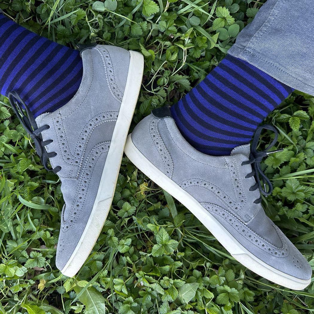 Made in USA men's navy and iris (purple) striped cotton socks by THIS NIGHT