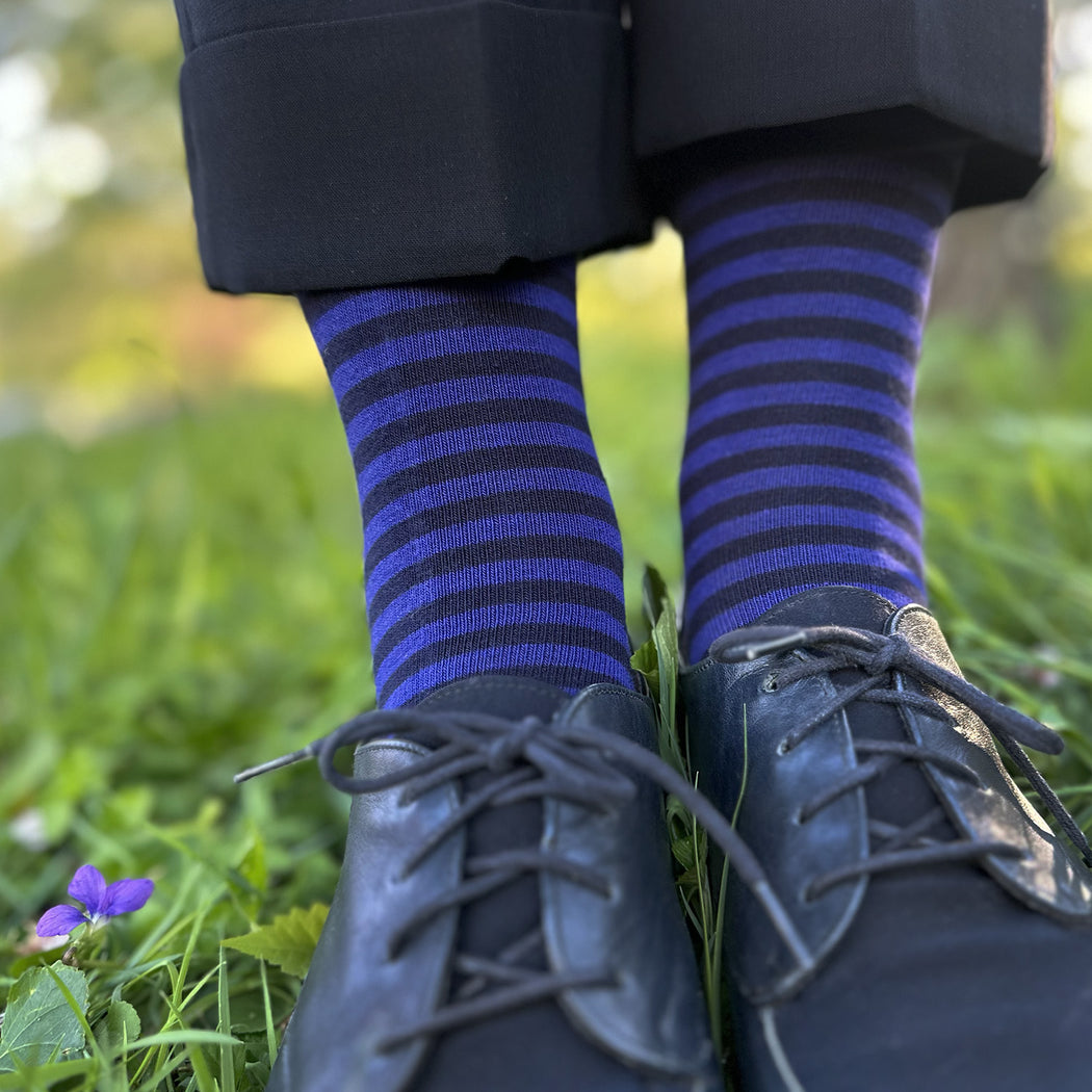 Made in USA navy and iris (purple) striped cotton women's socks
