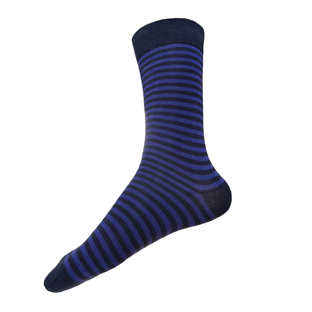Made in USA men's XL (big and tall) striped cotton socks in navy and iris (purple-blue) that fit men's shoe sizes 14–18 by THIS NIGHT