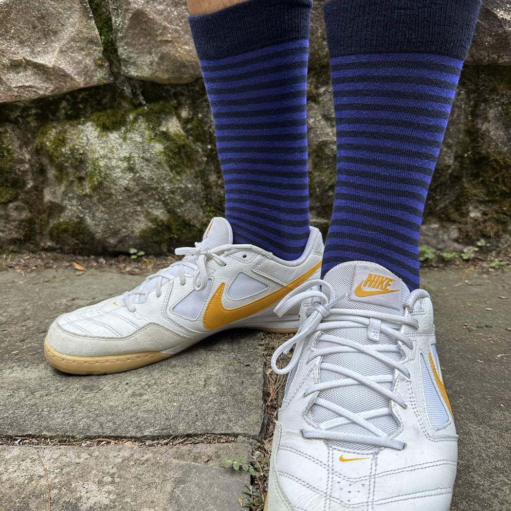 Made in USA men's XL (big and tall) striped cotton socks in navy and iris (purple-blue) that fit men's shoe sizes 14–18 by THIS NIGHT