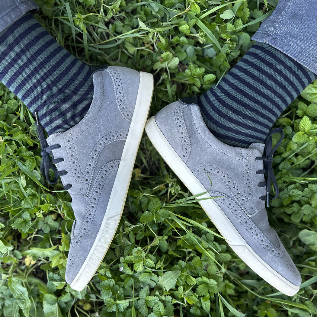 Made in USA men's navy and lichen (grey-green) striped cotton socks by THIS NIGHT