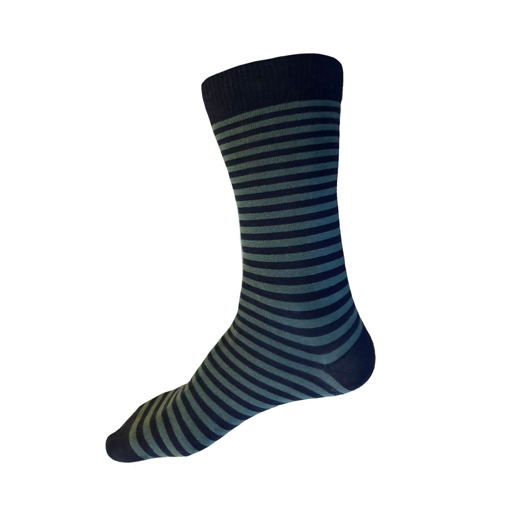 Made in USA men's navy and lichen (grey-green) striped cotton socks by THIS NIGHT