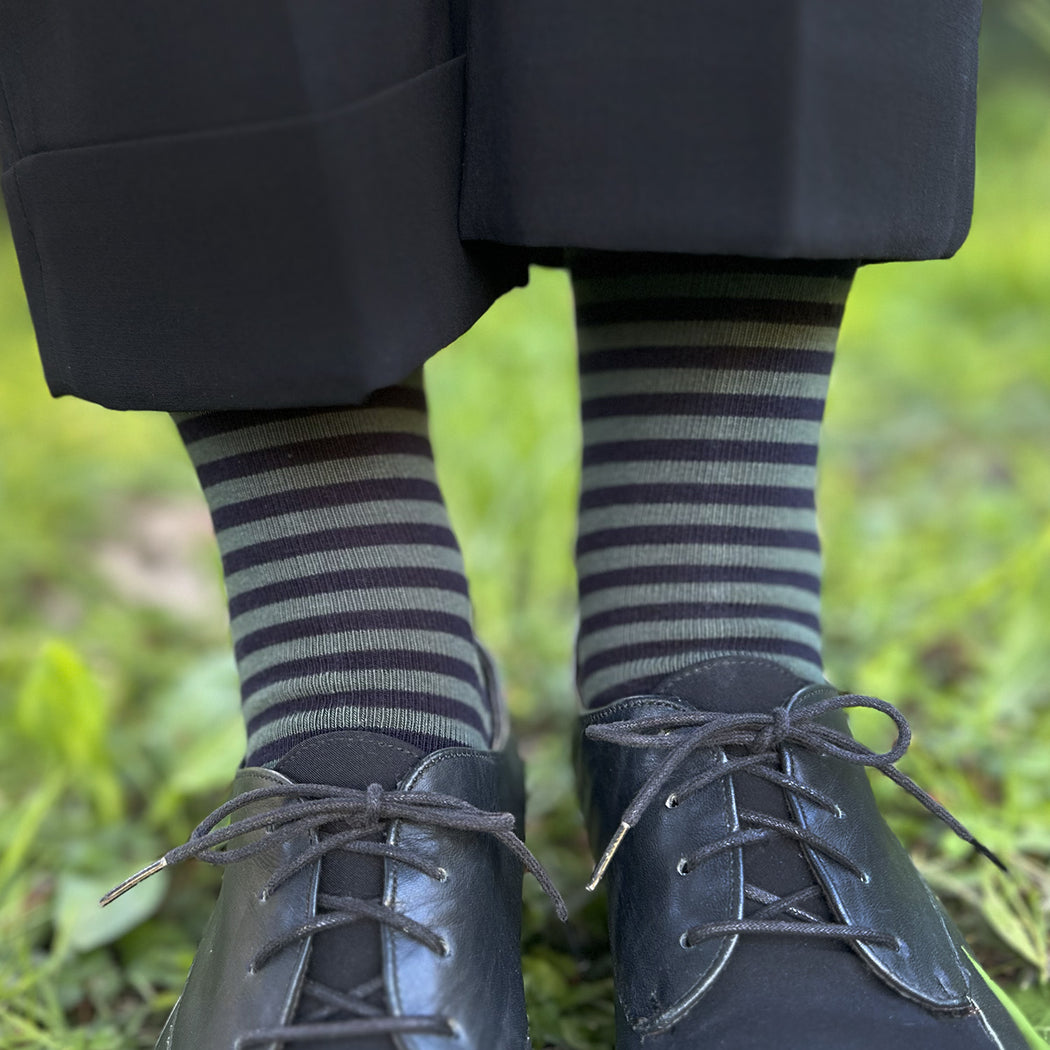 Made in USA navy and grey-green striped women's cotton socks by THIS NIGHT