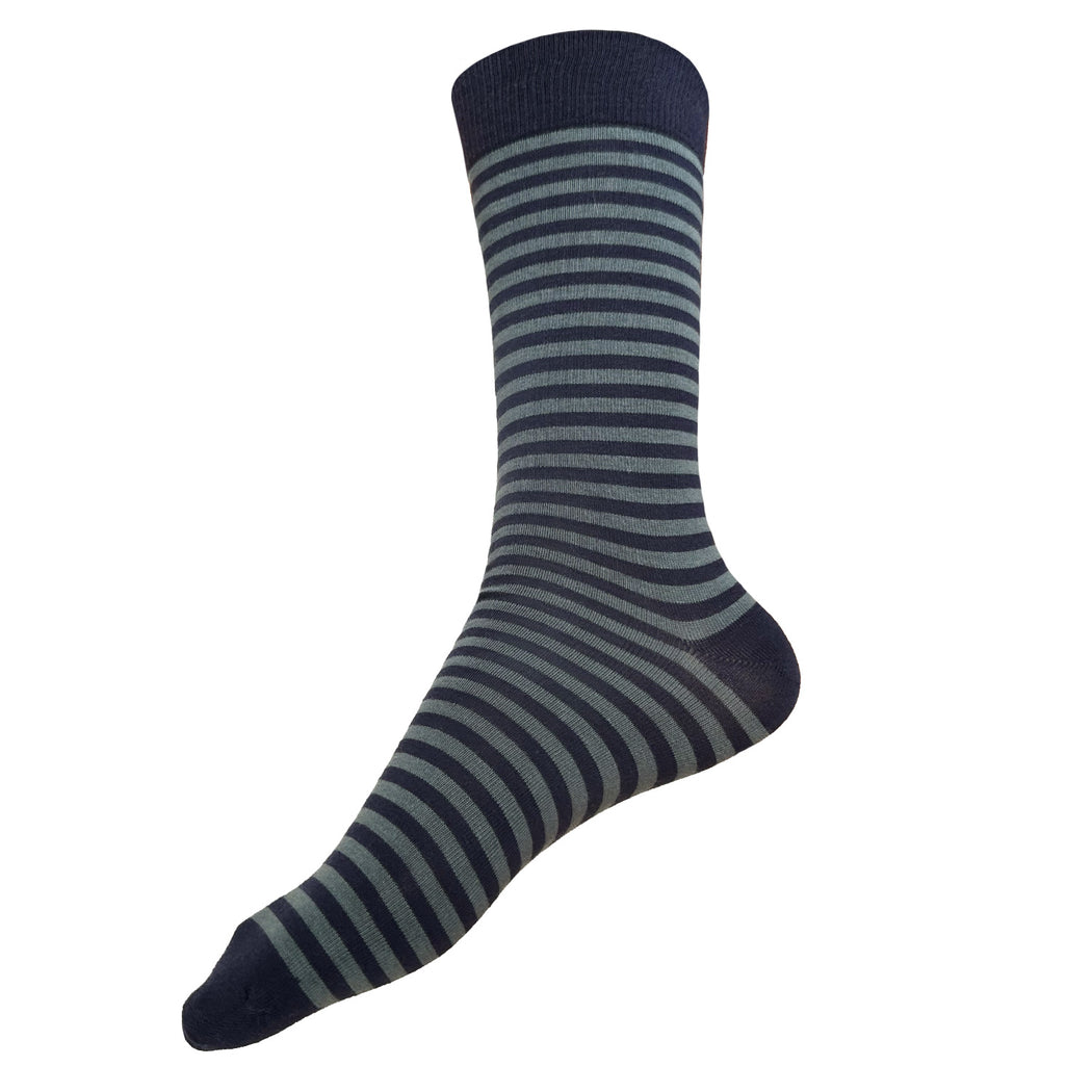 Made in USA men's XL (big and tall) men's striped navy and soft green cotton socks that fit men's shoe sizes 14–18