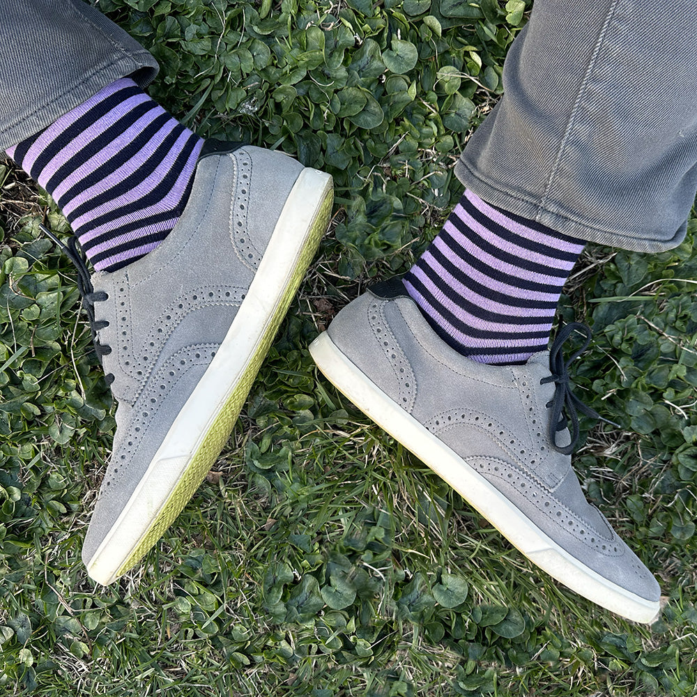 Made in USA men's navy and light purple cotton striped socks by THIS NIGHT