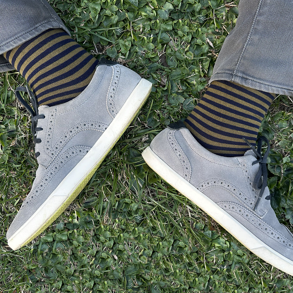 Made in USA men's over-the-calf (knee) cotton striped navy and olive socks by THIS NIGHT