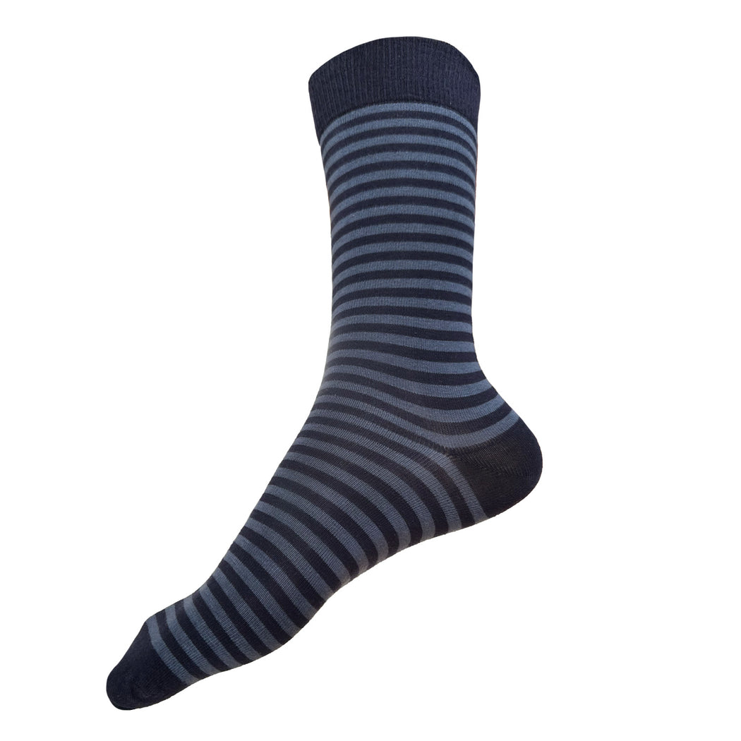 Made in USA men's XL (big and tall) striped cotton socks in navy and slate blue that fit men's shoe sizes 14 to 18 by THIS NIGHT