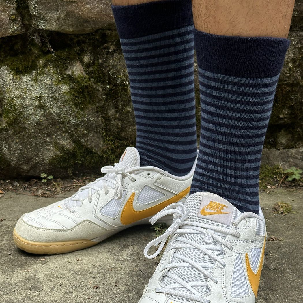 Made in USA men's XL (big and tall) striped cotton socks in navy and slate blue that fit men's shoe sizes 14 to 18 by THIS NIGHT