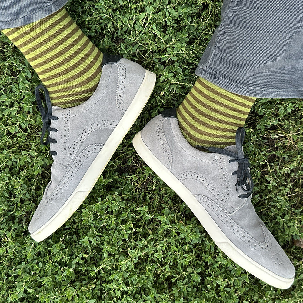Made in USA men's olive and lime green striped cotton socks