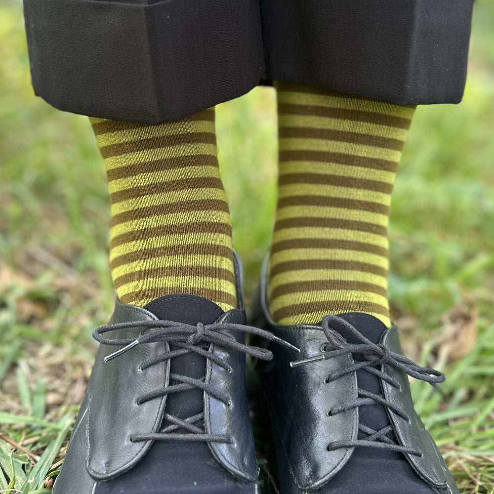 Made in USA women's stripe olive and lime green cotton socks by THIS NIGHT