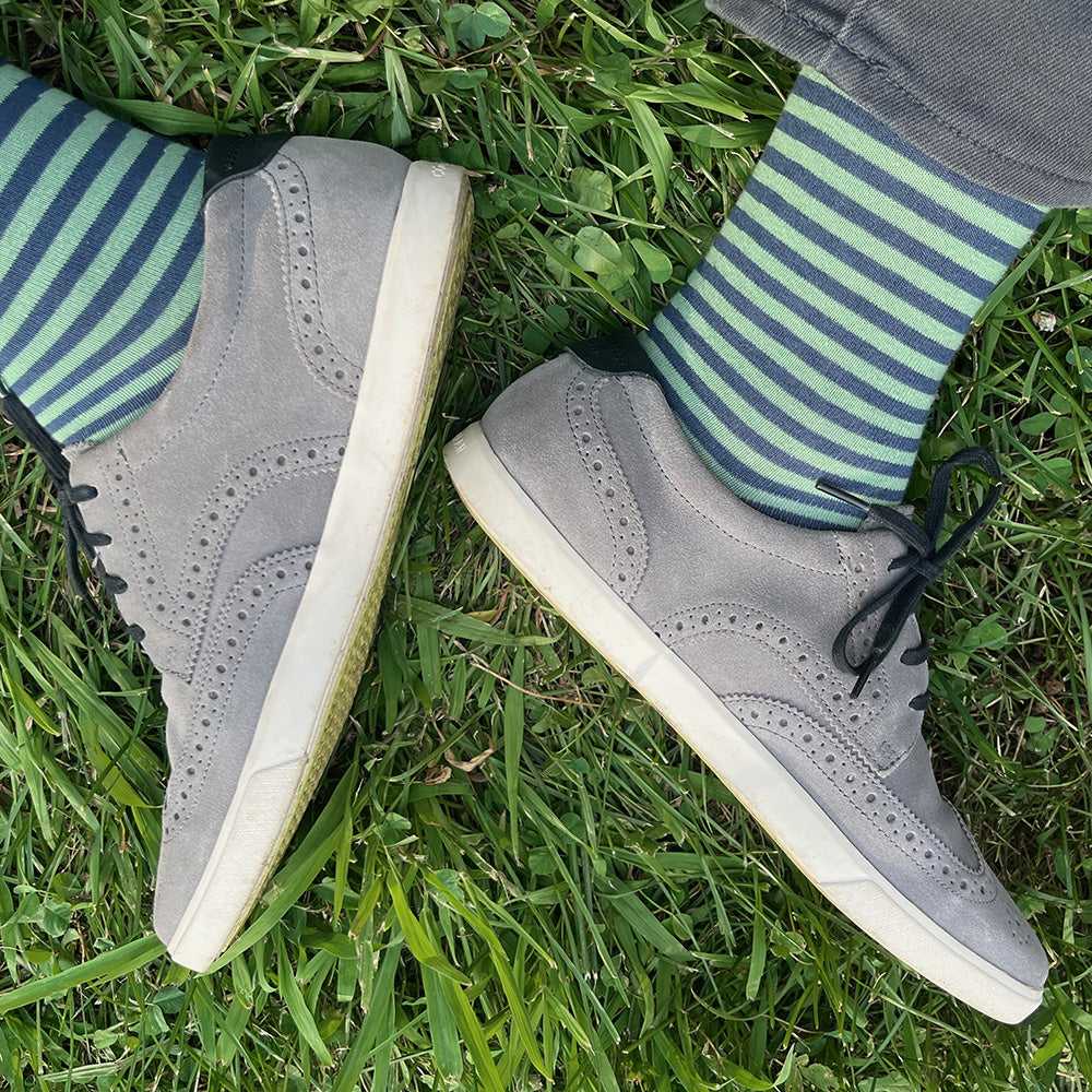 Made in USA men's striped cotton socks in coastal colors of slate blue and sea glass green