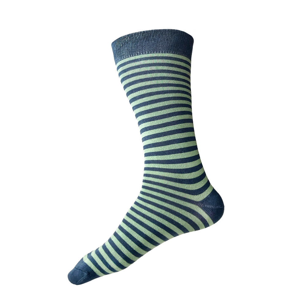 Made in USA men's striped cotton socks in coastal colors of slate blue and sea glass green