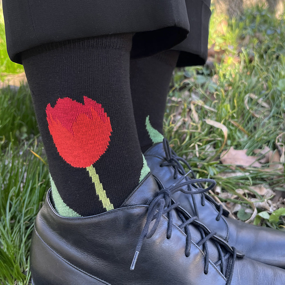 Made in USA women's black cotton floral socks featuring an elegant red tulip by THIS NIGHT