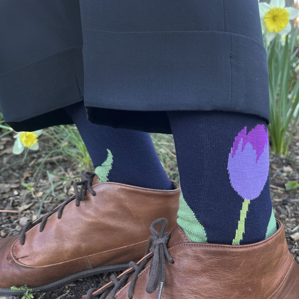 Made in USA women's navy cotton floral socks featuring a purple tulip by THIS NIGHT