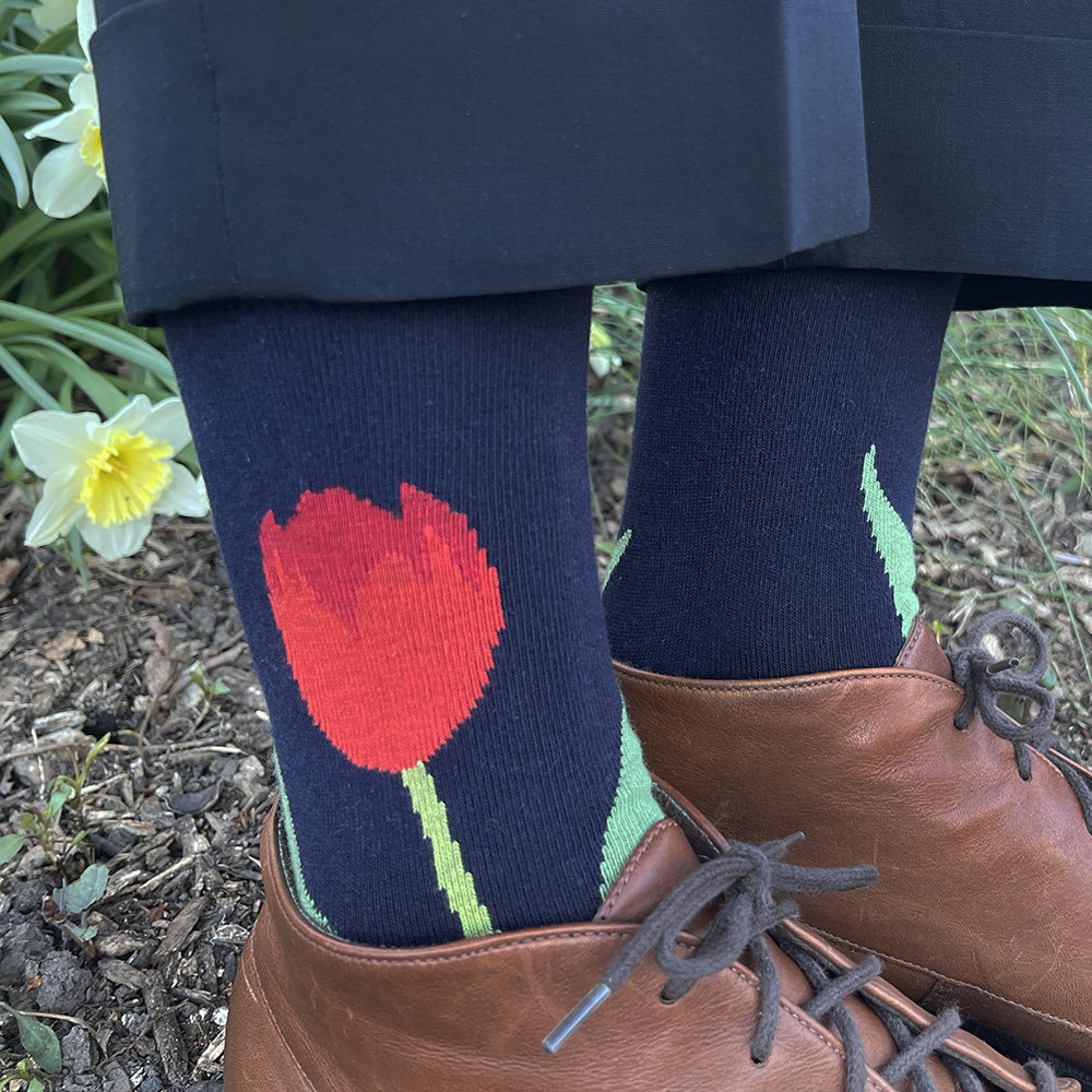 Made in USA women's navy floral socks featuring an elegant red tulip by THIS NIGHT