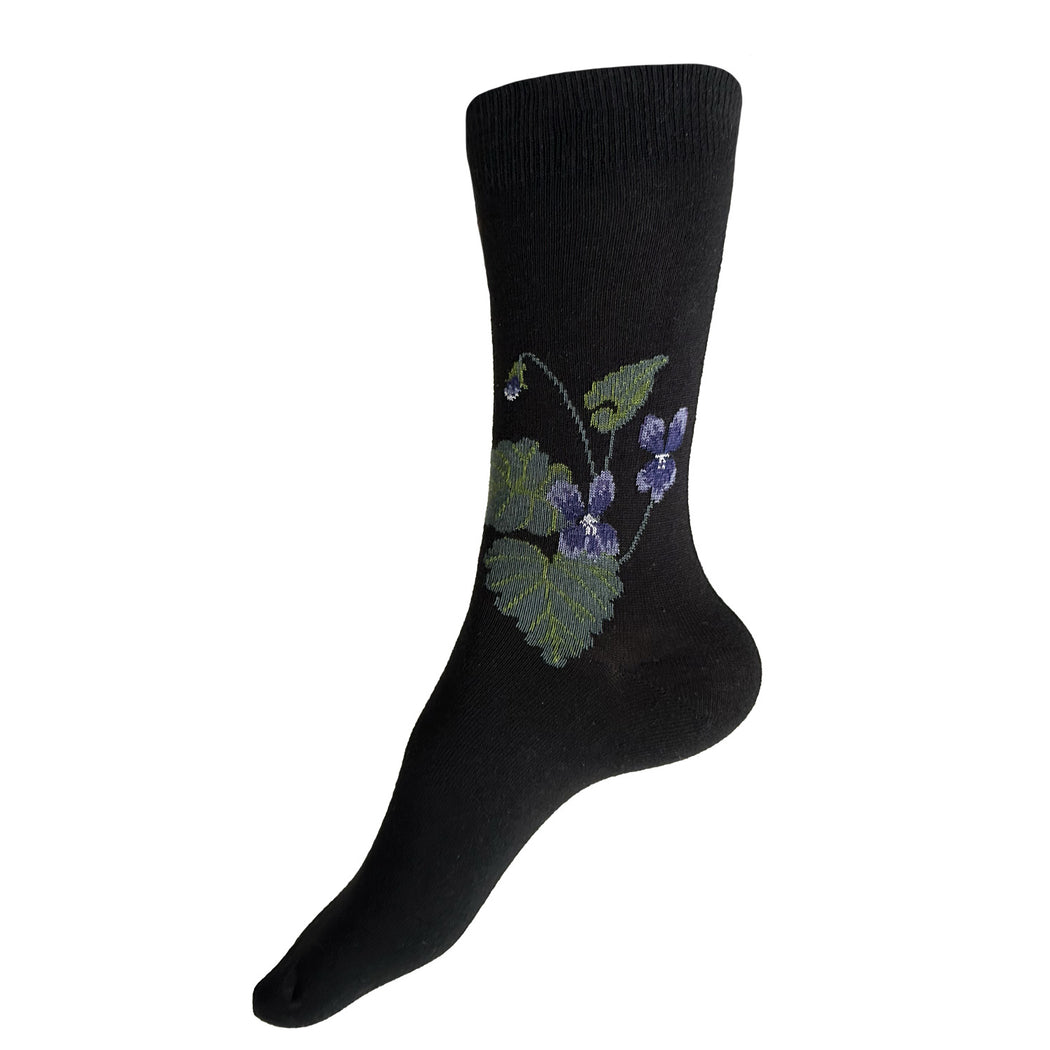 Made in USA women's cotton floral socks with violets and leaves on black background