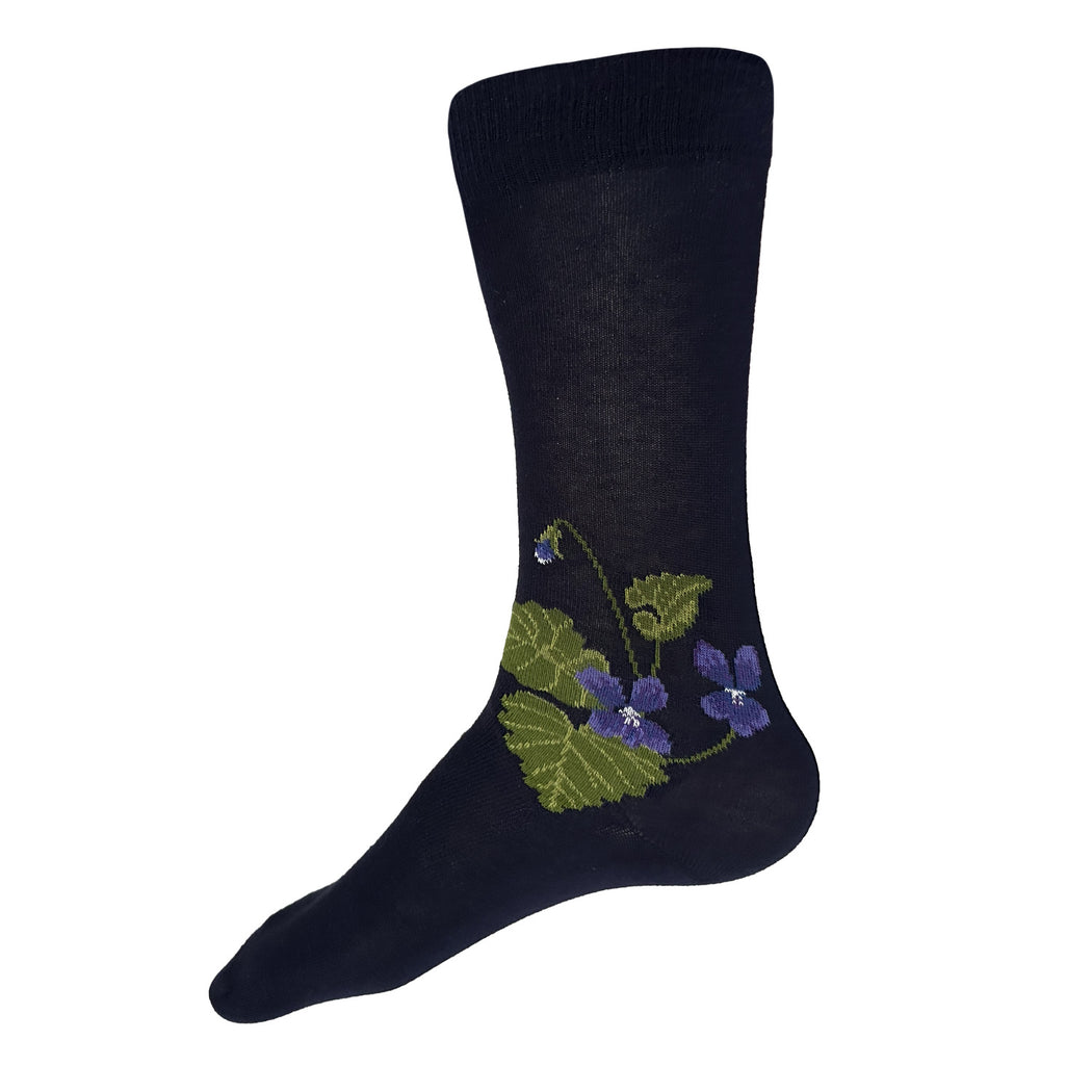 Made in USA men's navy cotton floral socks with violet flowers and green leaves