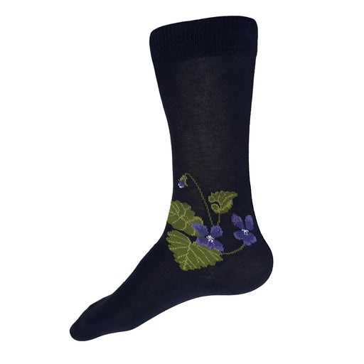 Made in USA men's navy cotton floral socks with violet flowers and green leaves