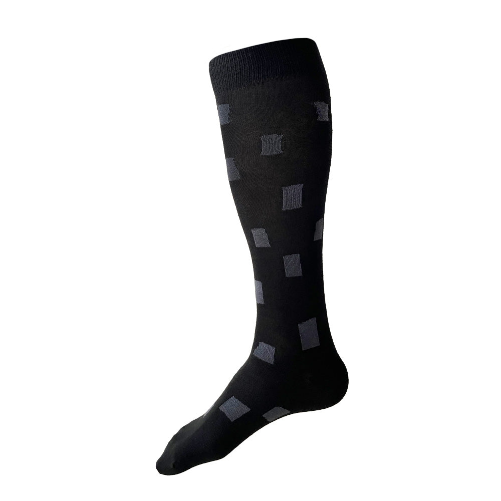 Made in USA men's black and charcoal geometric cotton over-the-calf/knee socks by THIS NIGHT