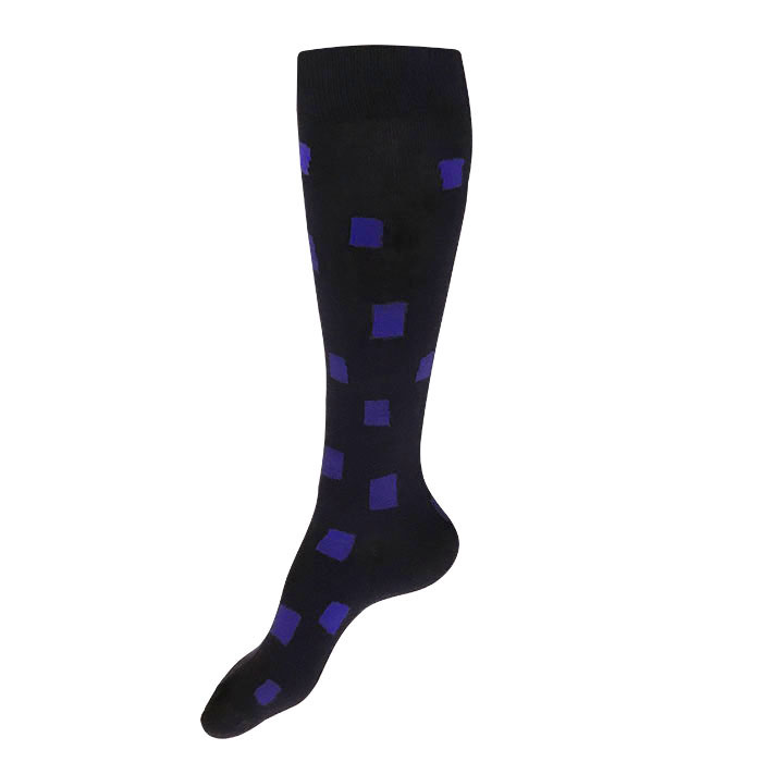 Made in USA women's navy cotton knee socks in navy with purple geometric pattern by THIS NIGHT