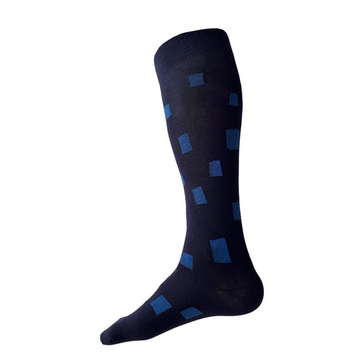Made in USA men's navy cotton over-the-calf/knee socks with asymmetrical geometric blue pattern by THIS NIGHT
