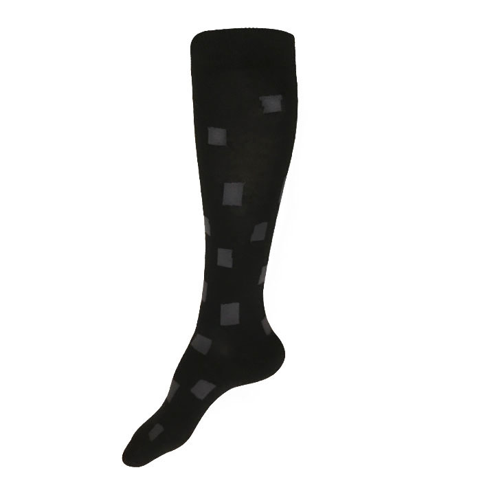 Made in USA women's black cotton knee socks with dark grey geometric pattern by THIS NIGHT