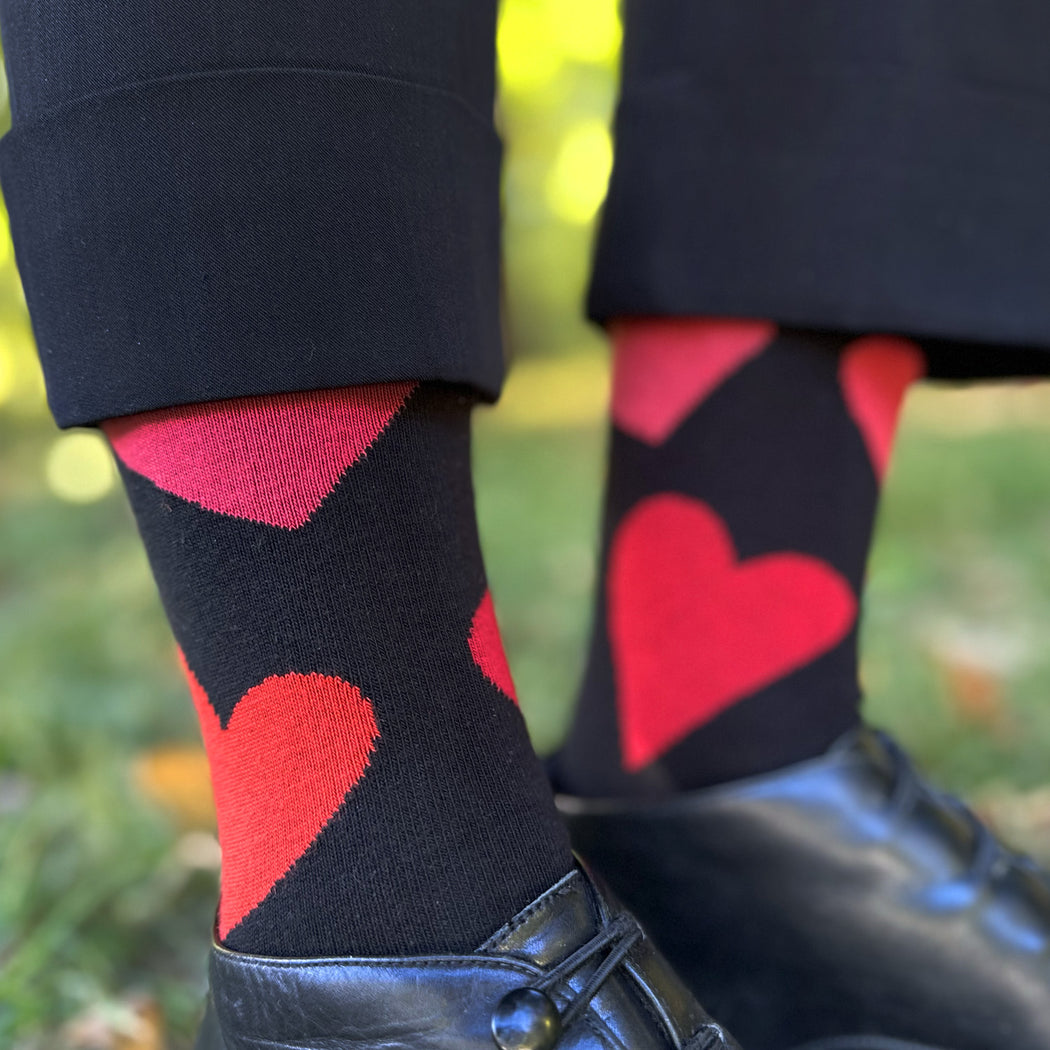 Made in USA women's black cotton socks with big red and coral hearts (a perfect Valentine's gift!) by THIS NIGHT