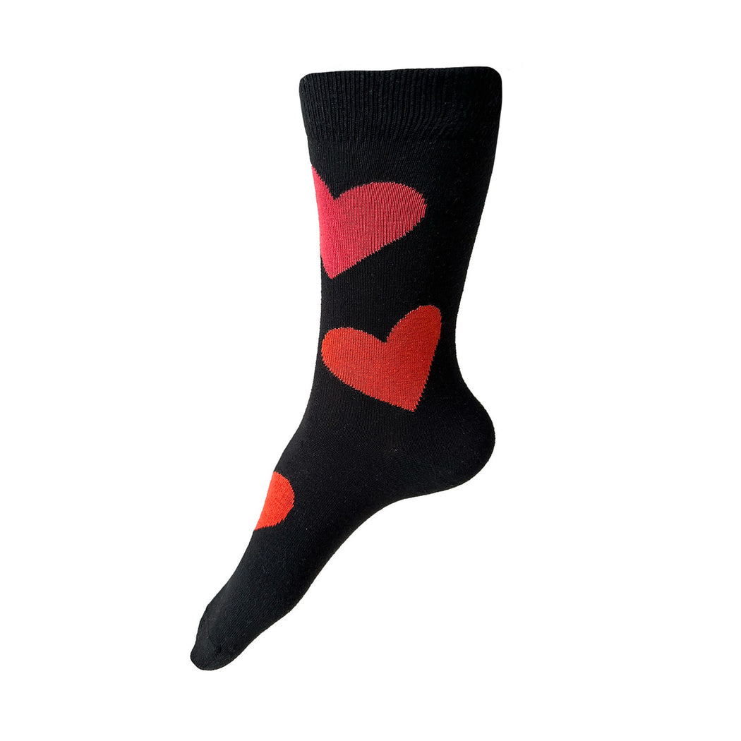 Made in USA women's black cotton socks with big red and coral hearts (a perfect Valentine's gift!) by THIS NIGHT