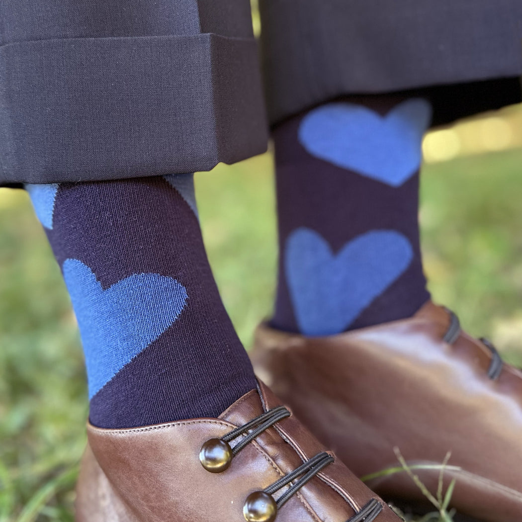 Made in USA women's navy cotton socks with big blue hearts by THIS NIGHT