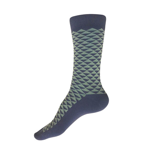 Made in USA women's cotton geometric socks in slate blue and pale sea green in a traditional Japanese pattern