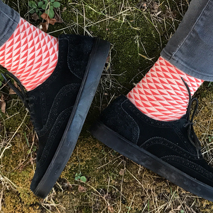 Made in USA men's geometric cotton socks in a traditional Japanese pattern in coral and peach