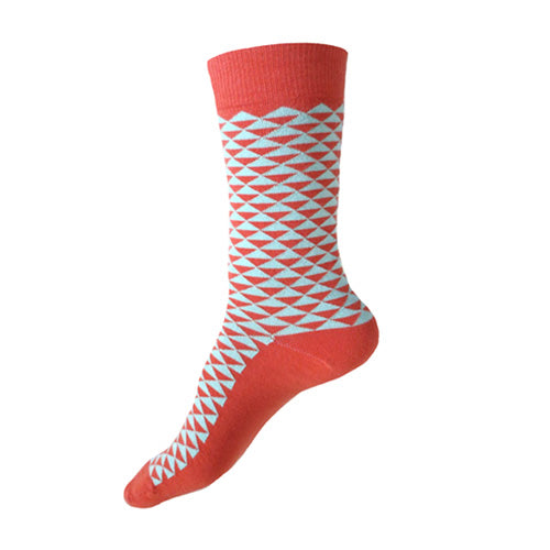 Made in USA women's geometric cotton socks in traditional Japanese pattern in coral (orange-ish) and aqua
