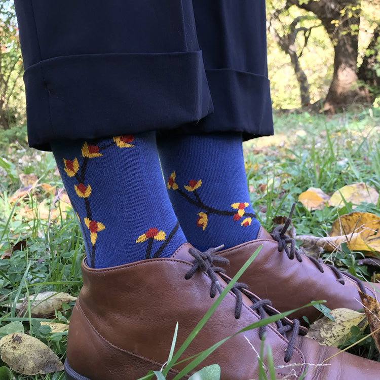  MADE IN USA women's blue cotton Bittersweet botanical socks by THIS NIGHT