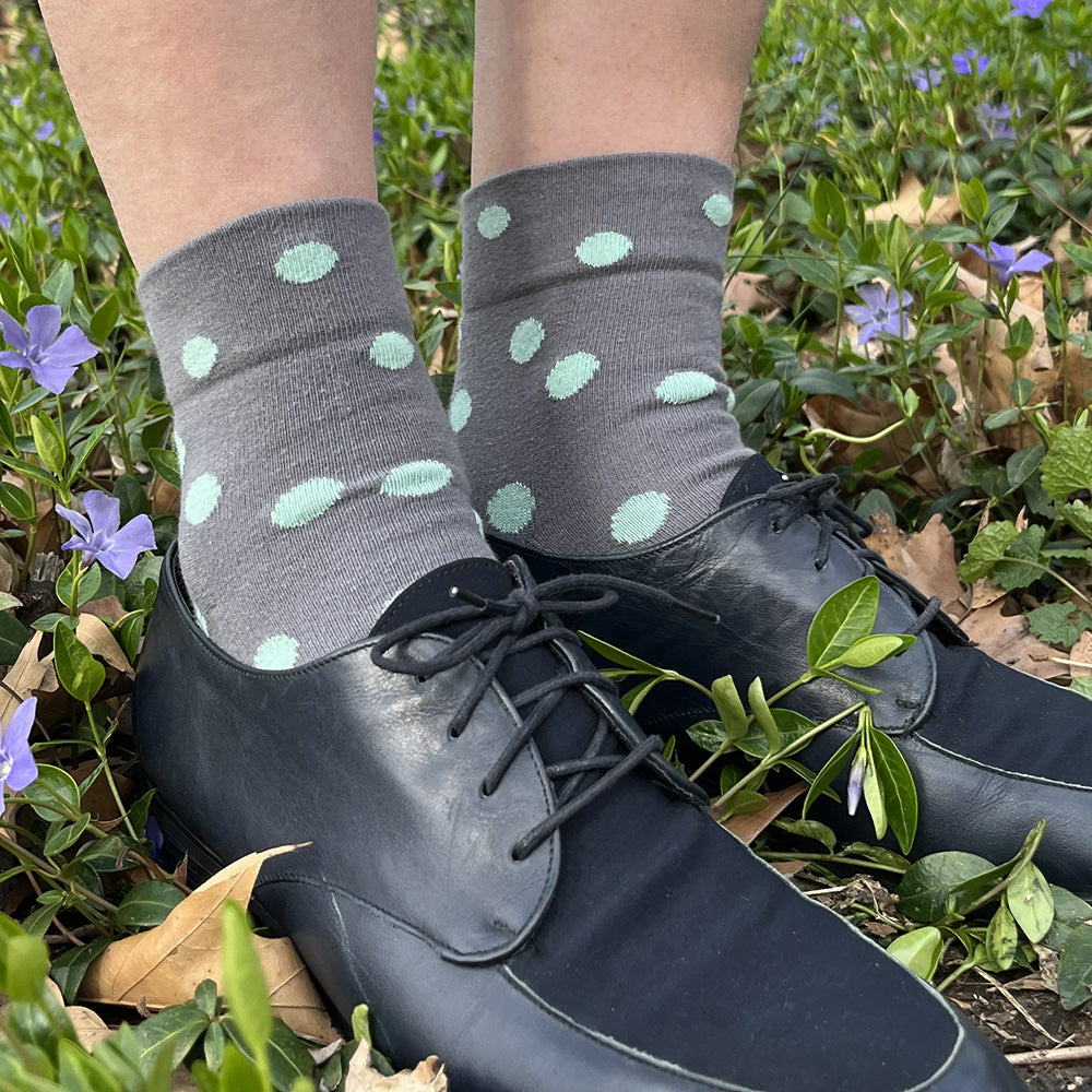 Made in USA women's cotton ankle socks in grey with aqua polka dots