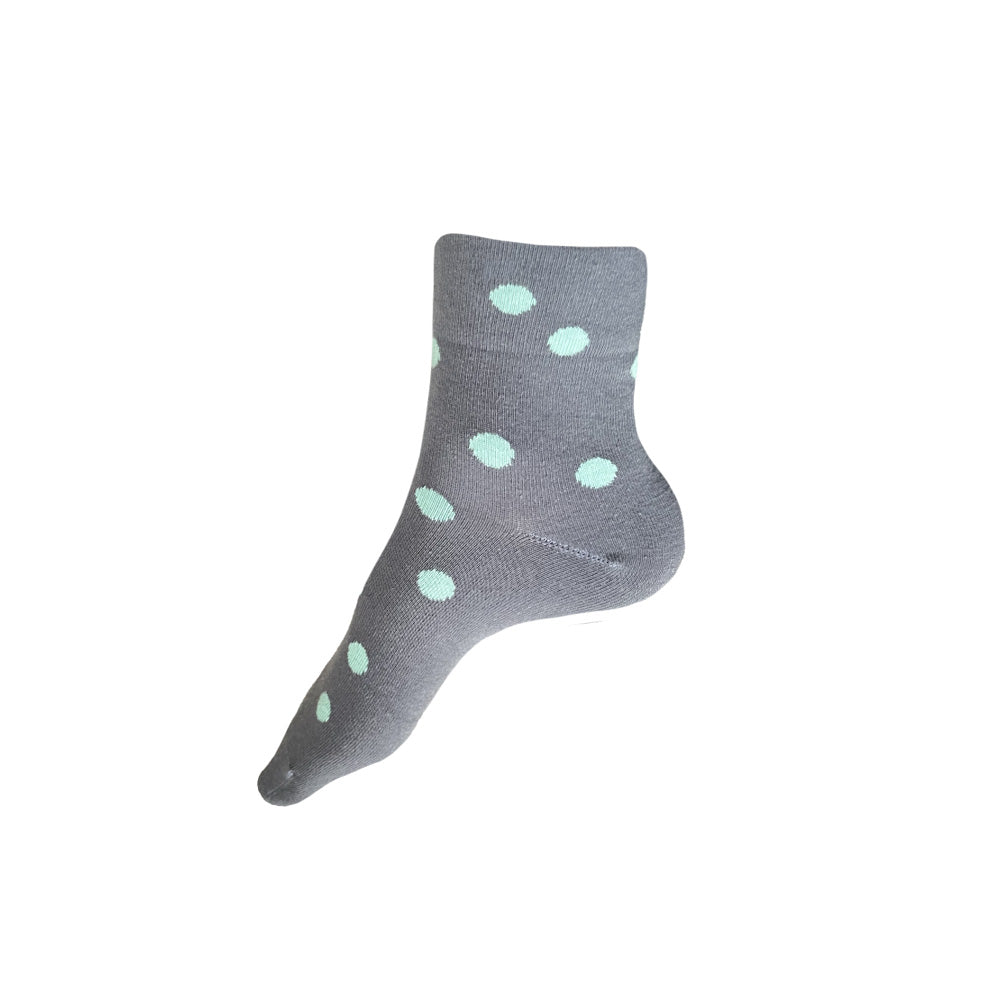Made in USA women's cotton ankle socks in grey with aqua polka dots