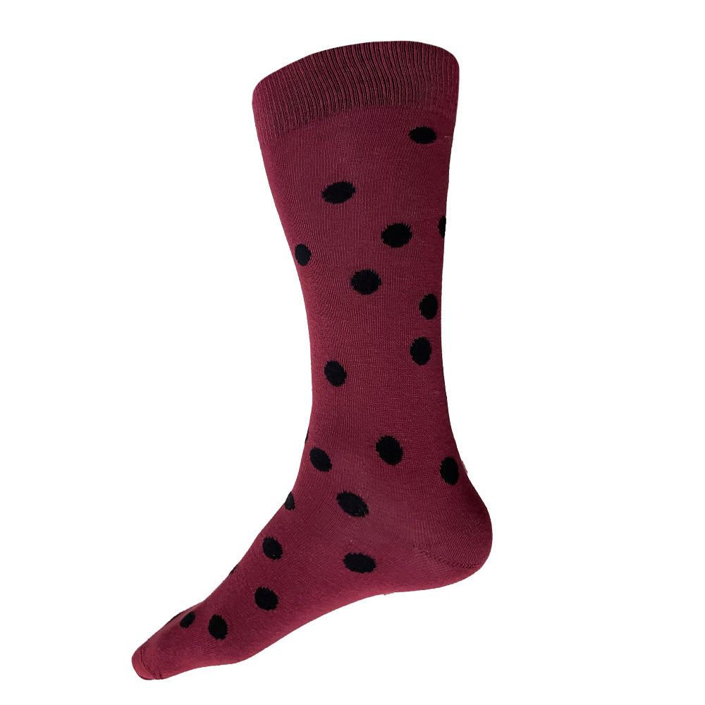 Made in USA men's maroon and black polka dot cotton socks by THIS NIGHT