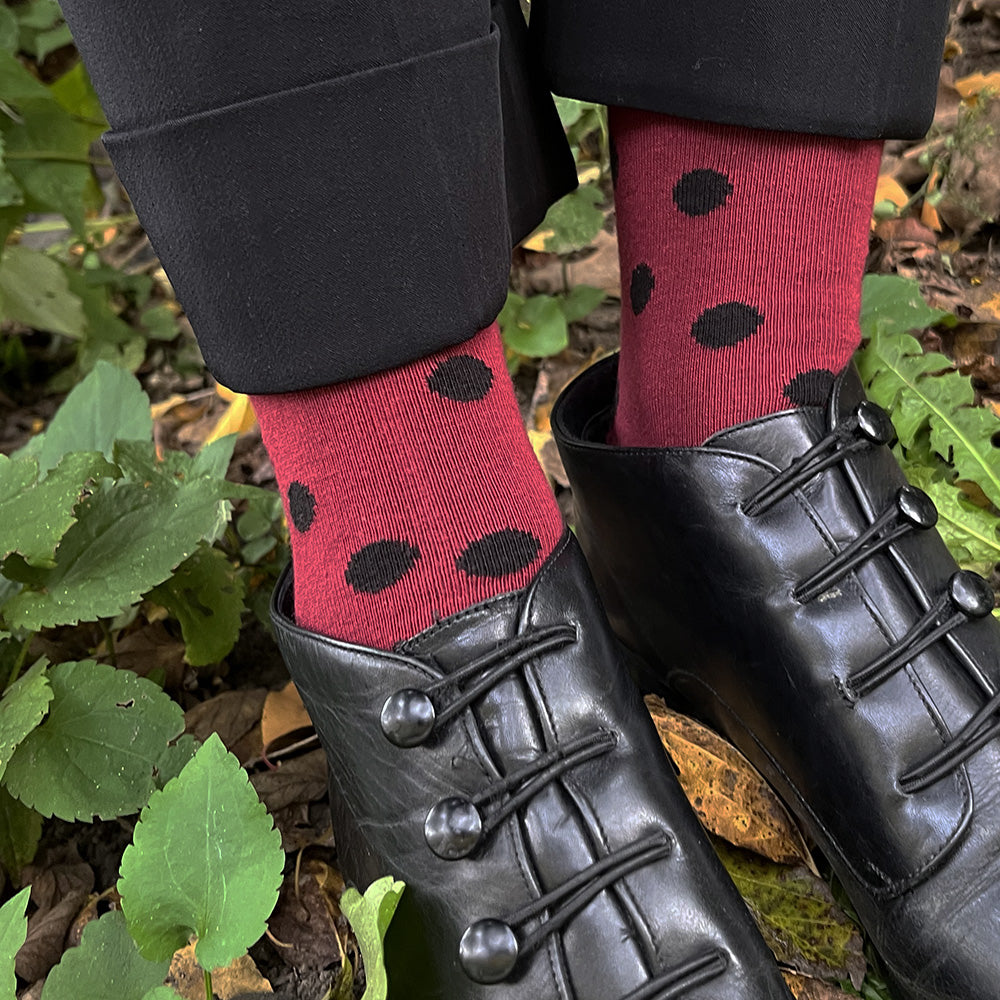 Made in USA women's cotton maroon (dark red) and black fun polka dot socks by THIS NIGHT