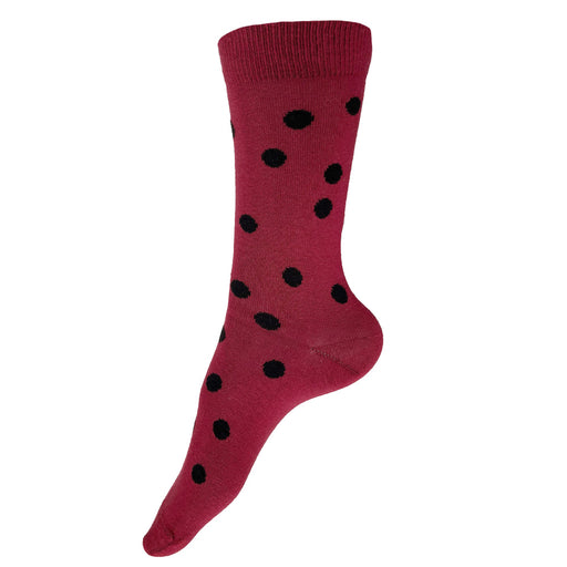 Made in USA women's cotton maroon (dark red) and black fun polka dot socks by THIS NIGHT