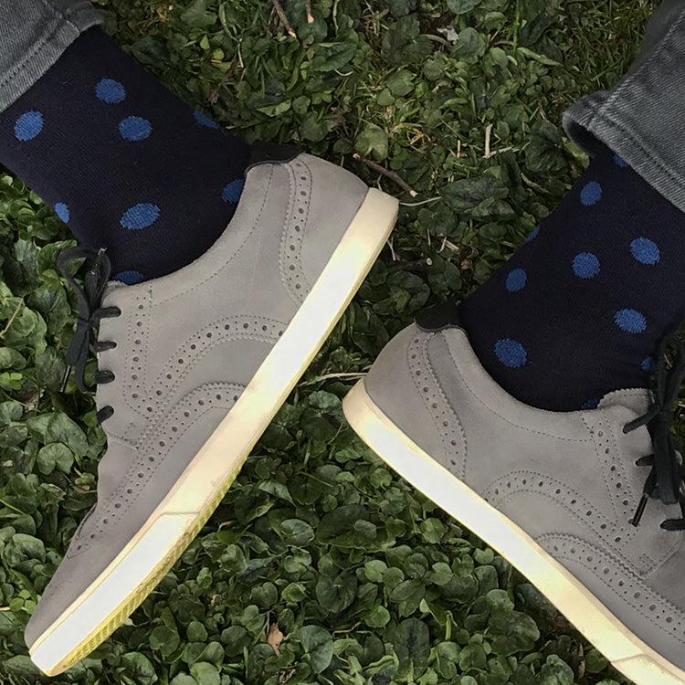 MADE IN USA men's cotton navy socks by THIS NIGHT with blue polka dots