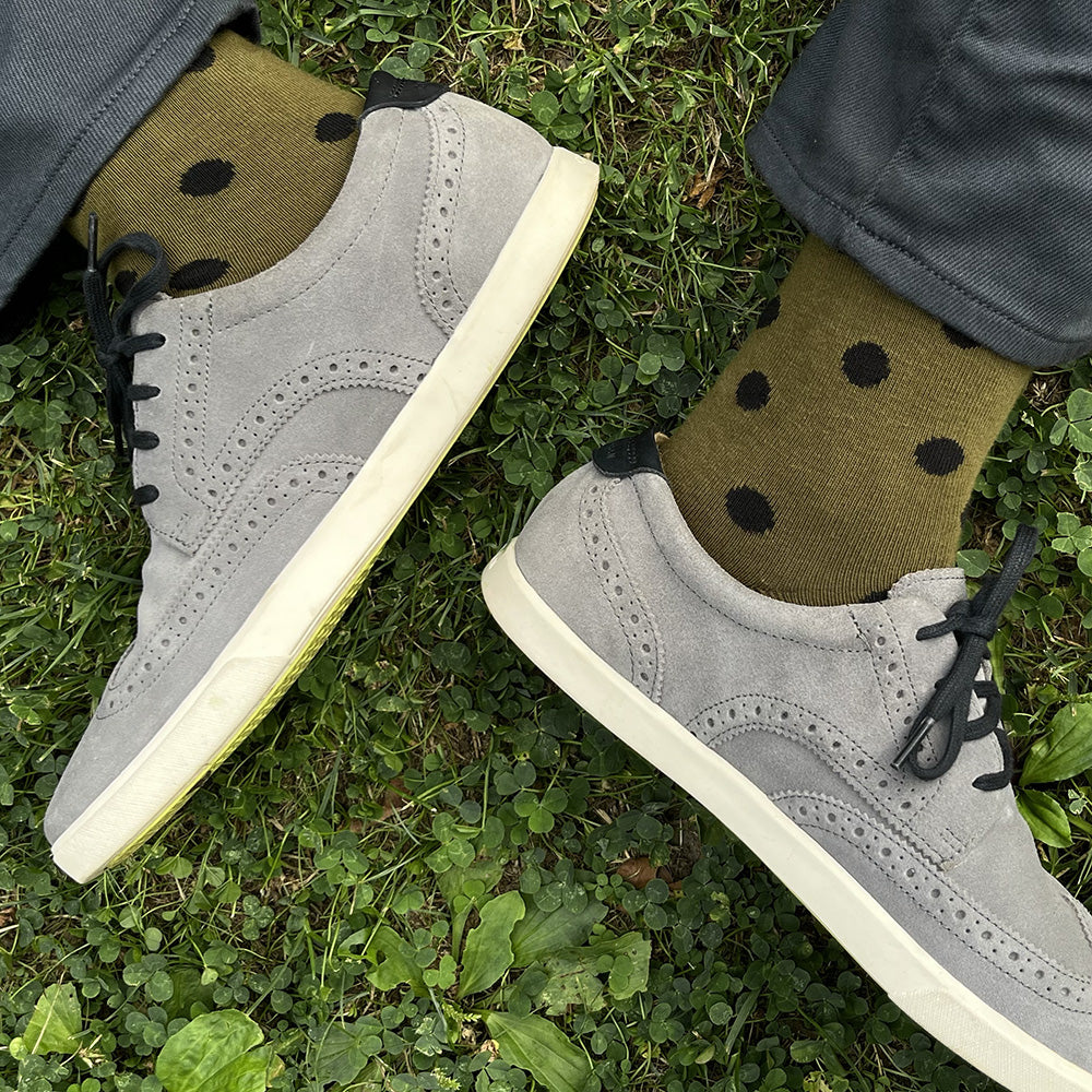 Made in USA men's cool polka dot cotton socks in olive and black by THIS NIGHT
