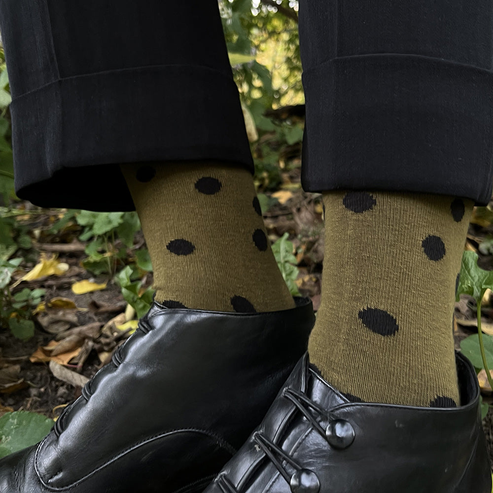 Made in USA women's olive and black asymmetrical polka dot socks by THIS NIGHT