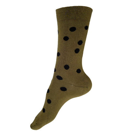 Made in USA women's olive and black asymmetrical polka dot socks by THIS NIGHT