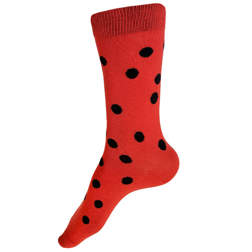 Made in USA women's red cotton socks with black polka dots, like a ladybug, by THIS NIGHT