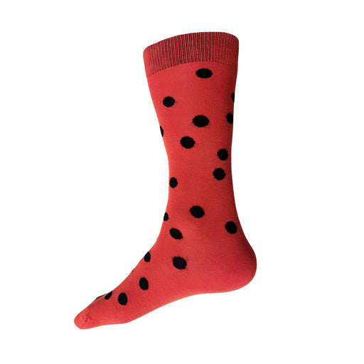 Made in USA bright red men's cotton socks with black polka dots