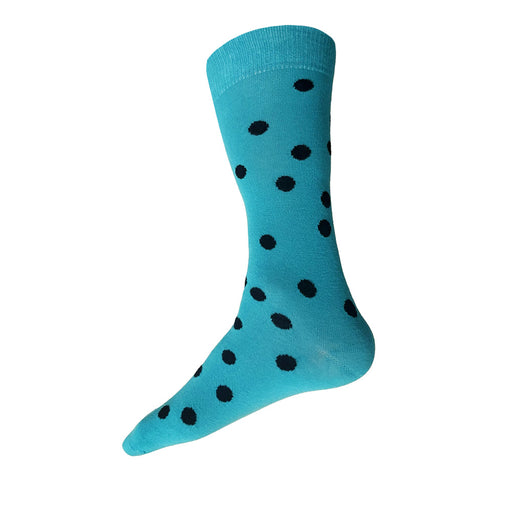 Made in USA men's colorful cotton socks with black polka dots on turquoise/aqua