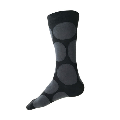 Men's black cotton socks with big grey polka dots by THIS NIGHT and made in USA.