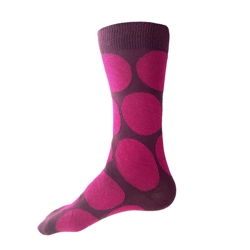 Made in USA men's burgundy and hot pink (magenta) large polka dot socks by THIS NIGHT