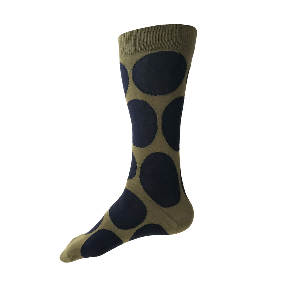 Olive green men's cotton socks with big navy blue polka dots by THIS NIGHT and made in USA