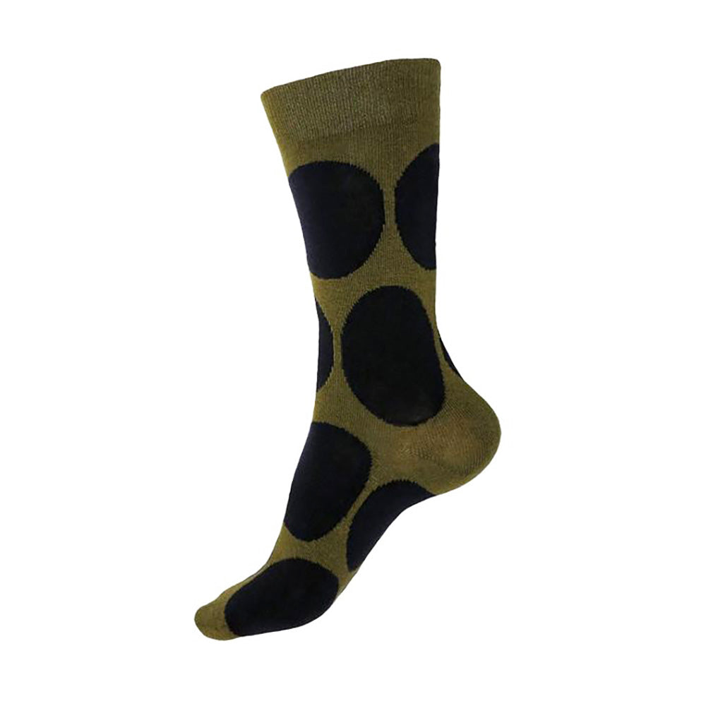 MADE IN USA women's cotton olive socks by THIS NIGHT with large navy polka dots
