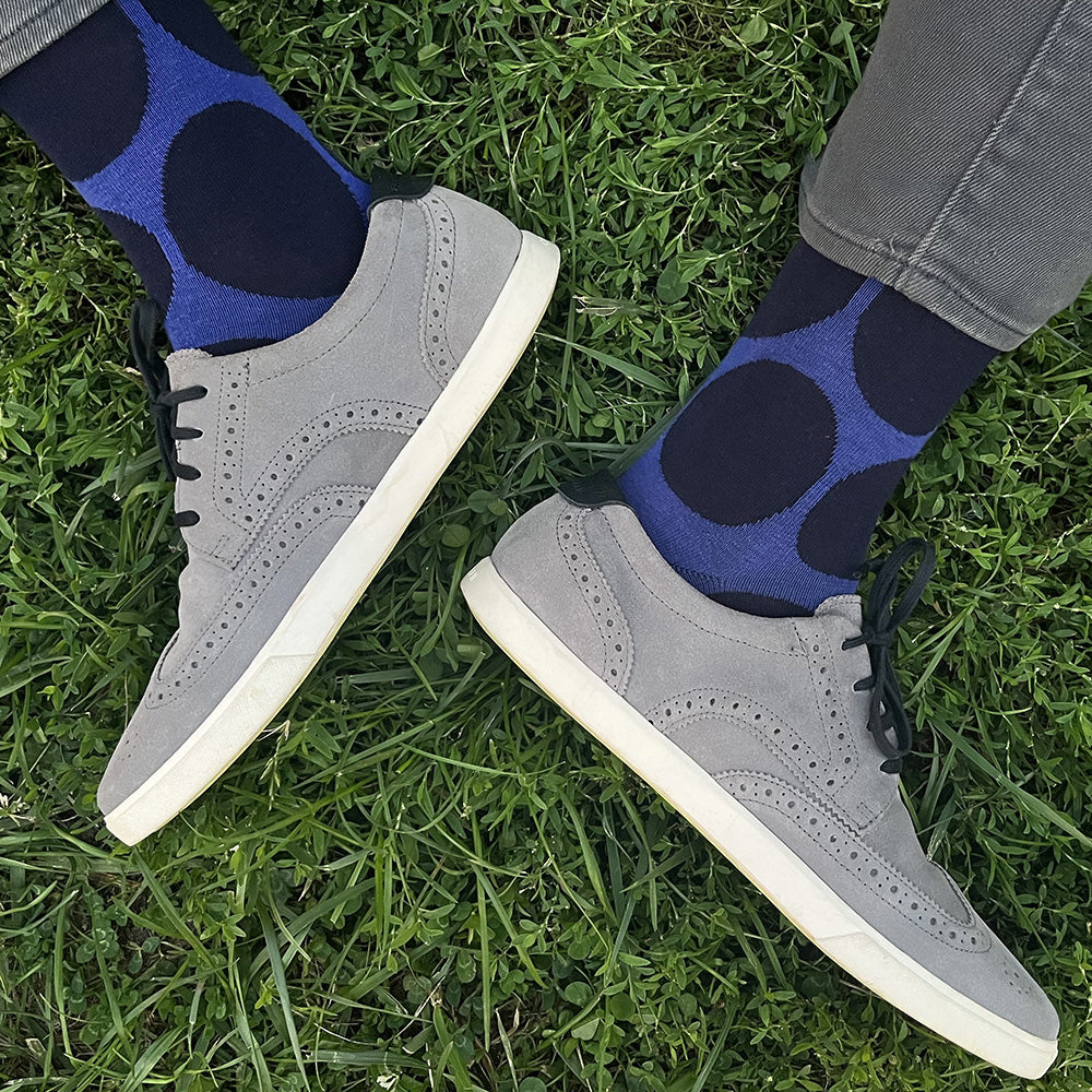Periwinkle blue men's fun cotton socks with large navy polka dots by THIS NIGHT and made in USA